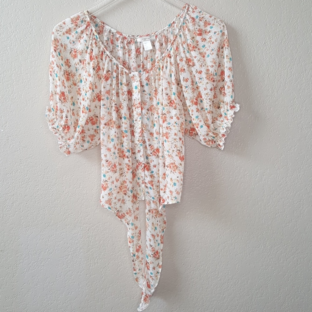 Poetry Boho Romantic Cream Floral Peasant Top Sz S - Picture 2 of 8